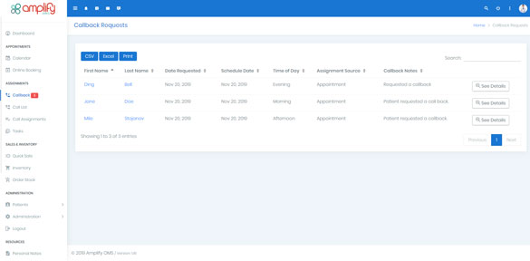 a screenshot of the amplifyOMS callback management system