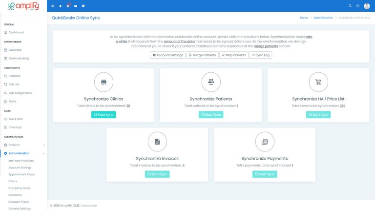 a screenshot of the amplifyOMS Quickboks Online Sync Feature