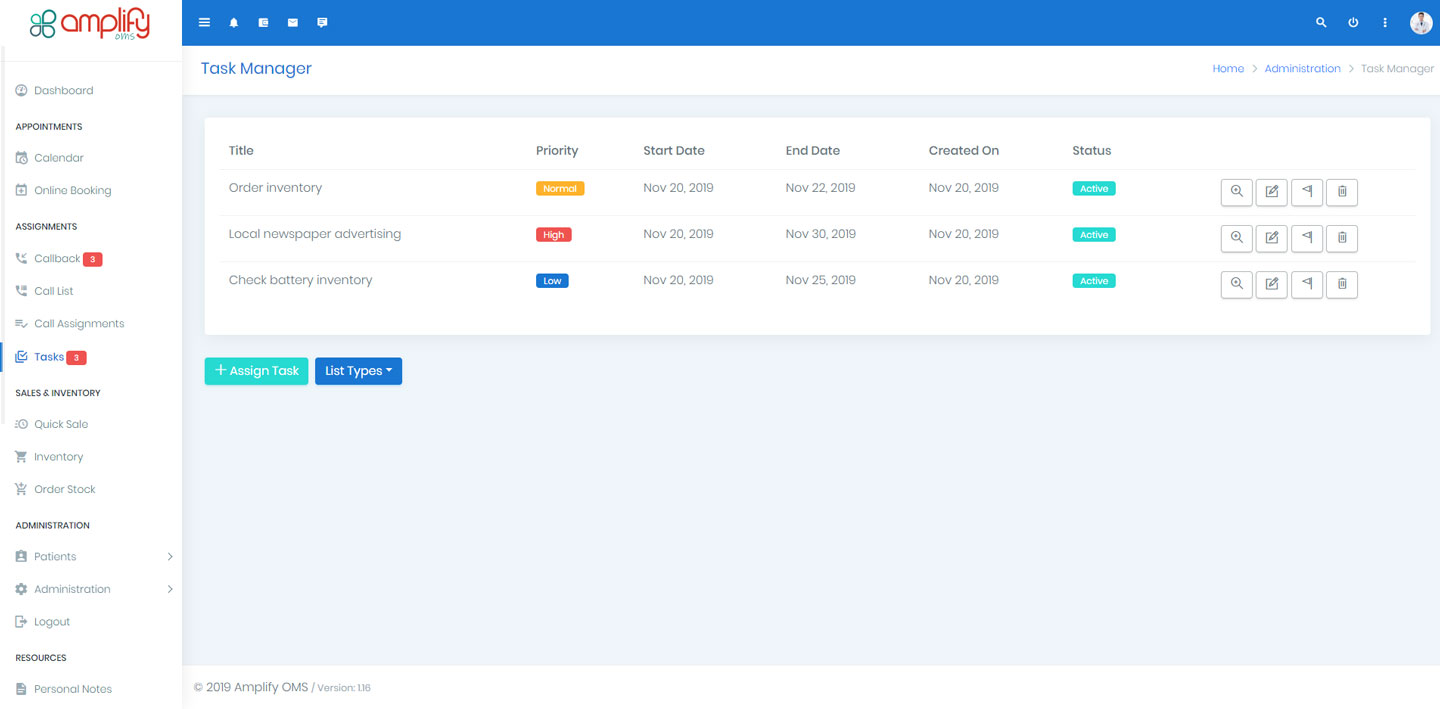 a screenshot of the amplifyOMS task management system