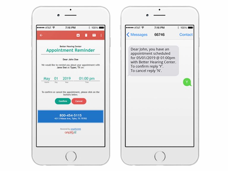 two photographs of an iphone deisplaying the amplifyOMS email reminder, and sms reminder feature.